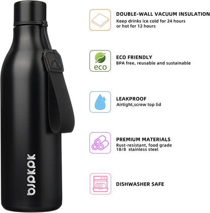 BJPKPK Insulated Water Bottles, 18 oz Stainless Steel Metal Water Bottle with Strap, BPA Free Leak Proof Jugs, Mugs, Flasks, Reusable Thermal Flasks for Sports & Travel, Black - Colors B