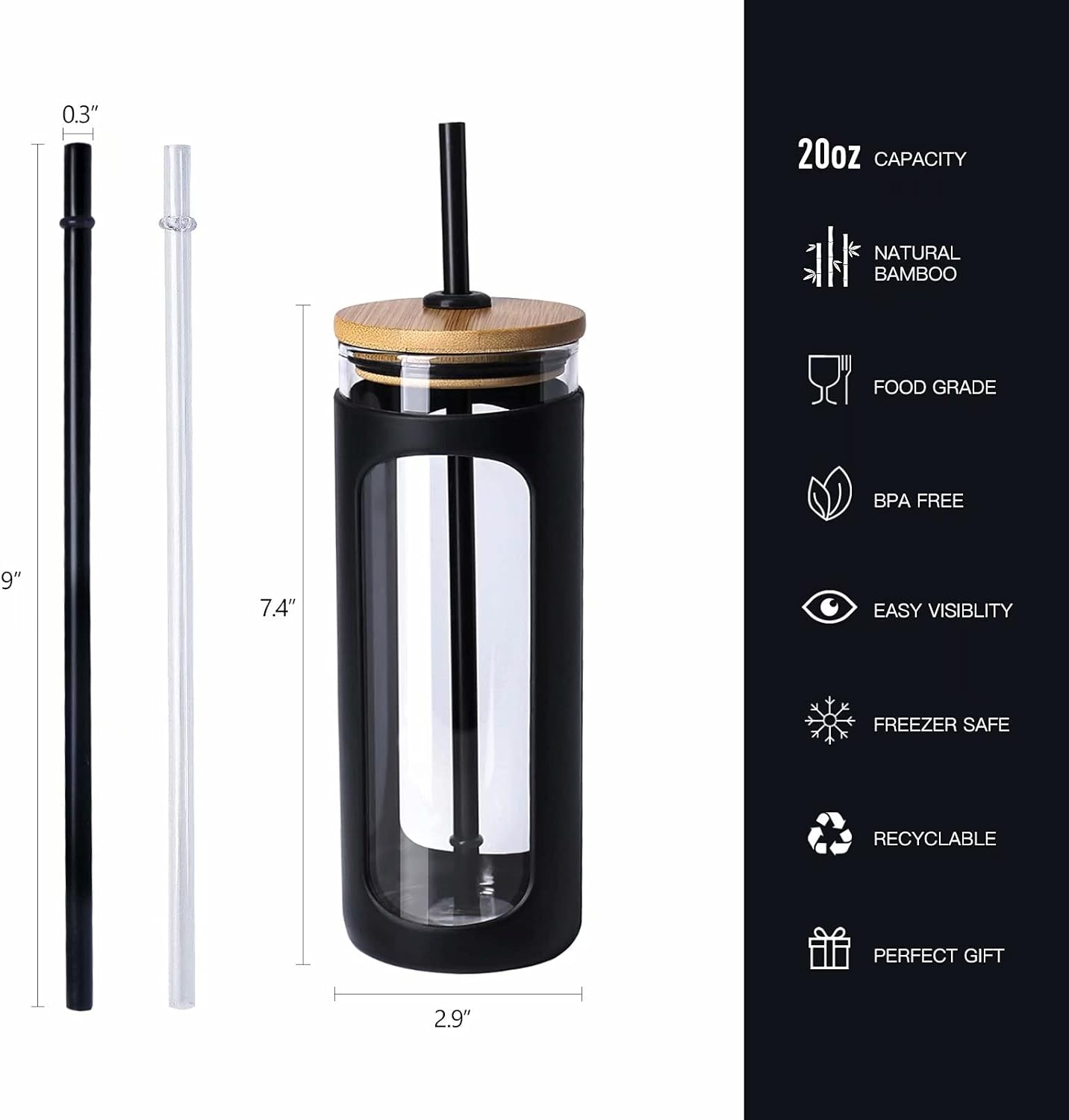 Kodrine 20oz Glass Water Tumbler with Straw and Lid, Bamboo Lids Water Bottle, Iced Coffee Cup Reusable, Wide Mouth Smoothie Cups with Protective Silicone Sleeve BPA FREE-Black - Colors A