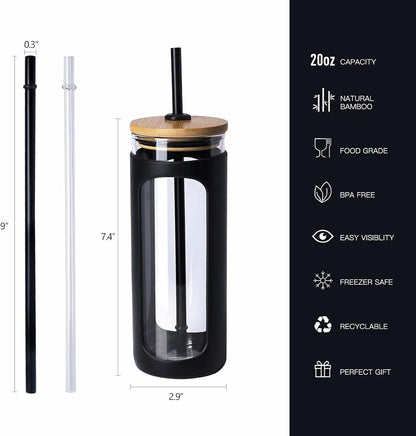 Kodrine 20oz Glass Water Tumbler with Straw and Lid, Bamboo Lids Water Bottle, Iced Coffee Cup Reusable, Wide Mouth Smoothie Cups with Protective Silicone Sleeve BPA FREE-Black - Colors A