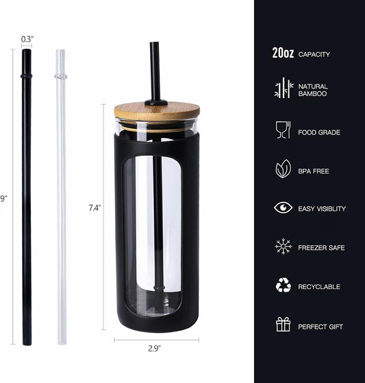 Kodrine 20oz Glass Water Tumbler with Straw and Lid, Bamboo Lids Water Bottle, Iced Coffee Cup Reusable, Wide Mouth Smoothie Cups with Protective Silicone Sleeve BPA FREE-Black - Colors B