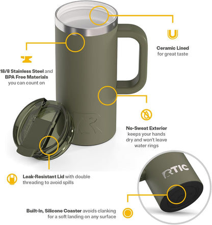 RTIC 20oz Road Trip Travel Mug with Lid and Handle, Ceramic Lined, Insulated, Stainless Steel, Metal, Double Wall Vacuum-Insulation, Portable Coffee, Tea Cup for Hot and Cold Drink, Black