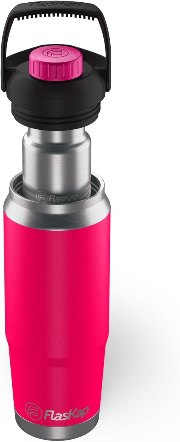 Flaskap FreePour System: 6oz Mixed Drink Tumbler Attachment and 26oz Cup Holder Friendly, Stainless Steel Water Bottle, Removable Hidden Flask Reservoir