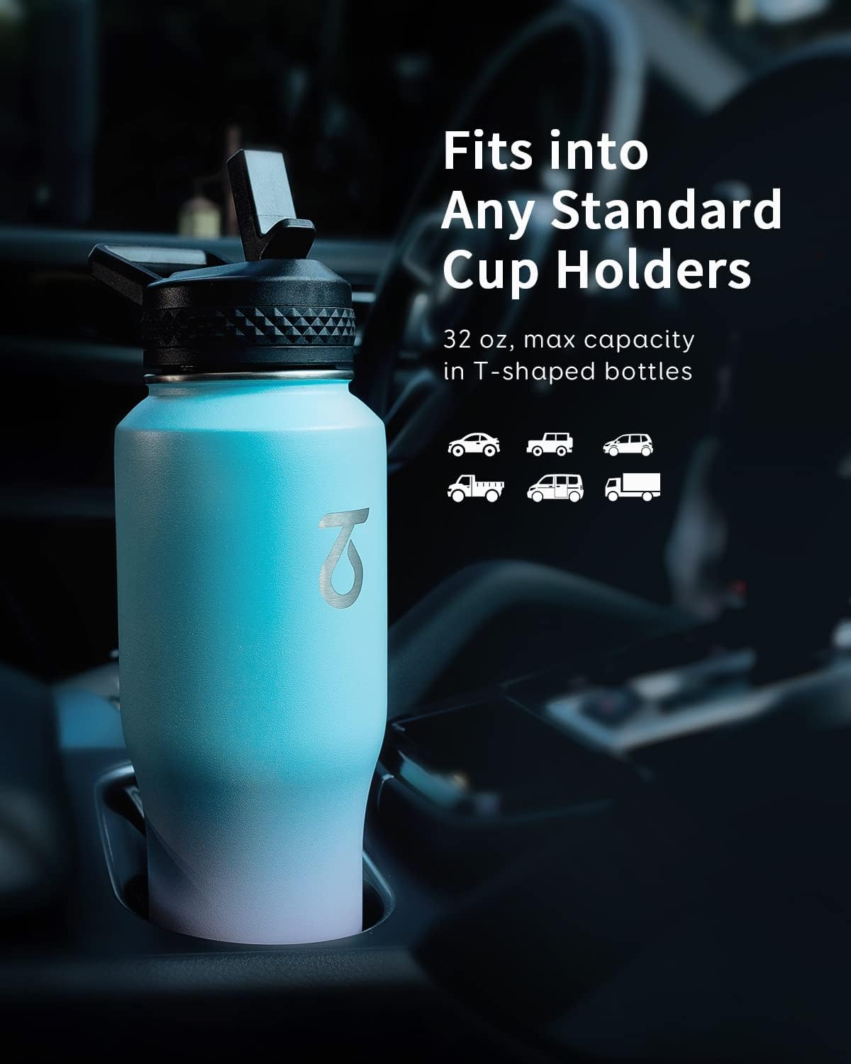 Trebo 40 oz Water Bottle Insulated Fit Car Cup Holder with Handle, Stainless Steel Water Bottles Tumbler with Spout Straw Lids, Double Wall Travel Reusable Flask, Leakproof Mug,Keep Cold &Hot,Black