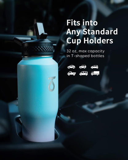 Trebo 40 oz Water Bottle Insulated Fit Car Cup Holder with Handle, Stainless Steel Water Bottles Tumbler with Spout Straw Lids, Double Wall Travel Reusable Flask, Leakproof Mug,Keep Cold &Hot,Black