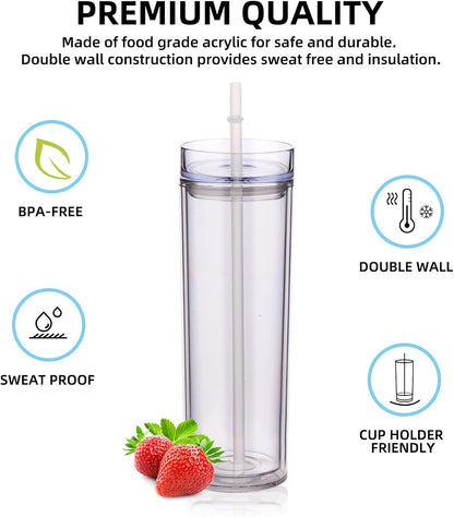 Volhoply 20oz Plastic Skinny Tumbler,Double Wall Tumblers with Lid and Straw,Reusable Travel Iced Coffee Mug,BPA Free Matte Acrylic Water Cups With Straw for Parties,DIY Gifts(Black,1 Set