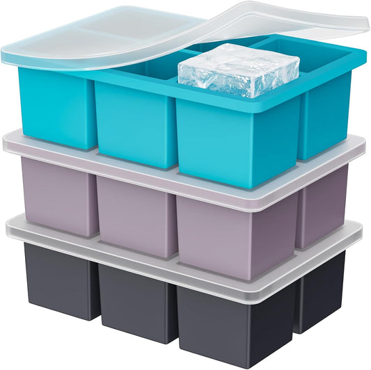 Large Ice Cube Tray for Whiskey: 2" Big Silicone Ice Tray with Lid for Whisky - 3Pack Old Fashioned Ice Cube Trays for Cocktail - Huge Square Cubed Bourbon Ice Cube Maker