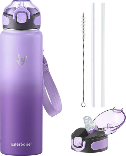 Enerbone 24 oz Insulated Water Bottle, Stainless Steel Bottle with Carrying Strap, Double-Wall Vacuum Insulation Design, Leakproof Sports Bottle with Straw, Keep Drinks Cold or Hot for Hours
