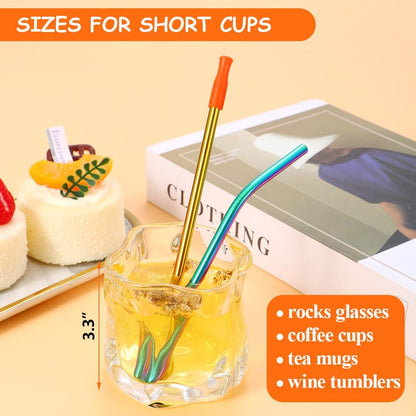 Lazycorner 16 Pcs Metal Straw Reusable 8.5" 10.5" 6mm Stainless Steel Straws for Tumblers 20oz-32oz, Rainbow Drinking Straws with Silicone Tips, 4 Straw Cleaner Brush, 1 Travel Case
