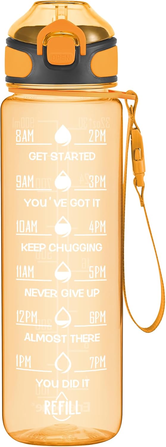 Enerbone 32 oz Drinking Water Bottle with Times to Drink and Straw, Motivational with Carrying Strap, Leakproof BPA & Toxic Free, Ensure You Drink Enough Water for Fitness Gym Outdoor