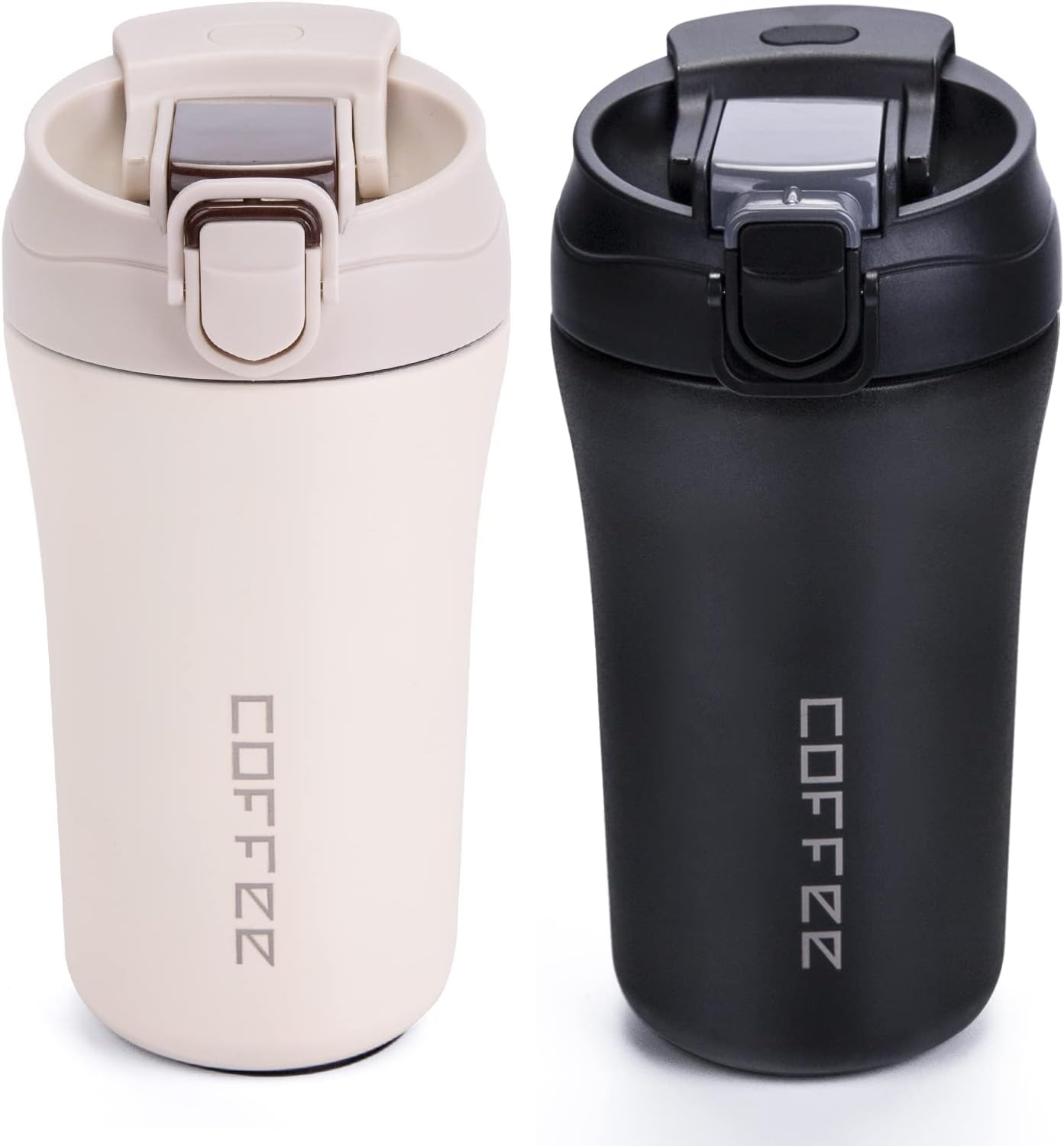 14 oz Travel Coffee Mug, 2 Pack Vacuum Insulated Coffee Travel Mug Spill Proof with Lid and Straw, Stainless Steel Reusable Coffee Tumbler for Hot and Cold Drinks, Gift for Men and Women(Black Grey)
