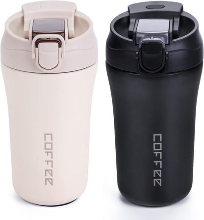 14 oz Travel Coffee Mug, 2 Pack Vacuum Insulated Coffee Travel Mug Spill Proof with Lid and Straw, Stainless Steel Reusable Coffee Tumbler for Hot and Cold Drinks, Gift for Men and Women(Black Grey)
