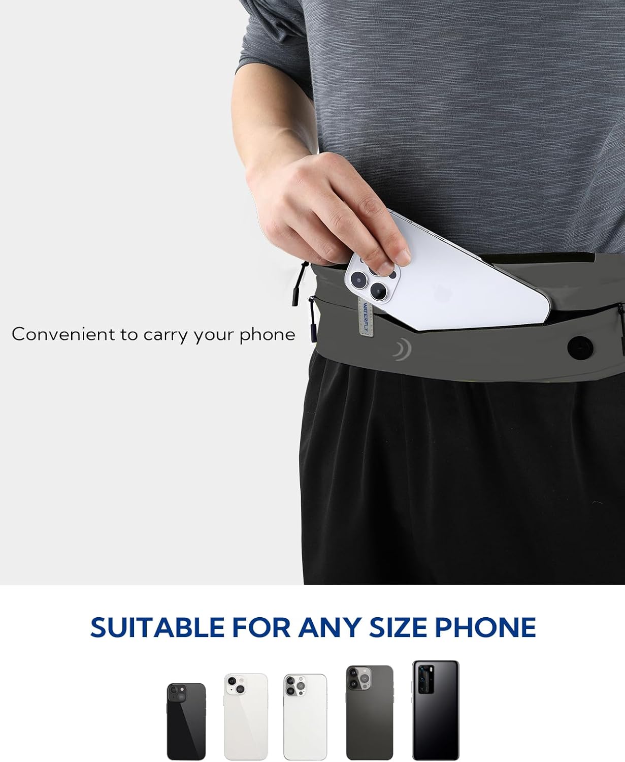 WATERFLY Running Belt Fanny Pack: Runner Marathon Jogging Waist Pack Sport Workout Exercise Fitness Phone Holder Belt for Men Women Jogger Slim Waist Bag Black