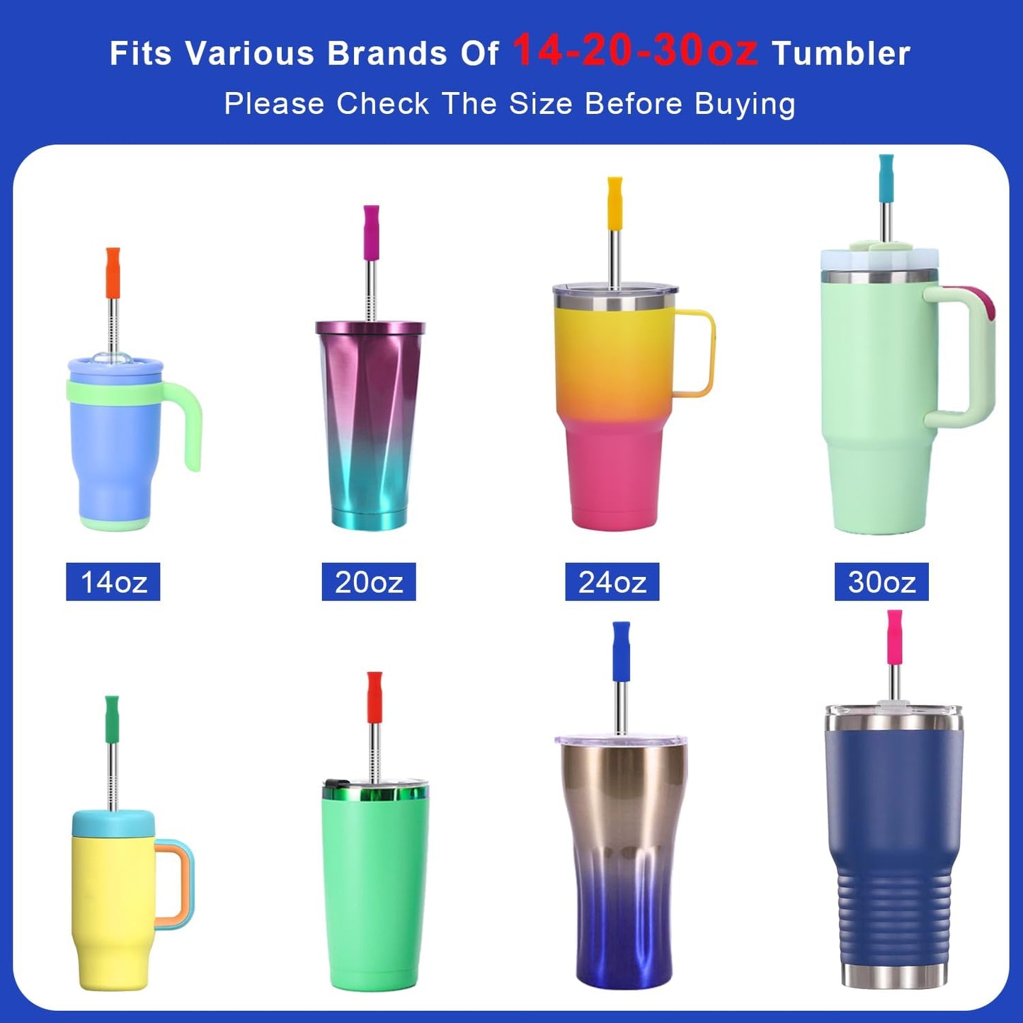 Reusable Stainless Steel Straws Set 6 PCS with 6 Silicone Tips, 2 Straw Brush, 1 Storage Case, Different Sizes of Metal Straws Reusable, Suitable for 14, 20, 30 oz Cups Tumbler, for Hot/Cold Drinks