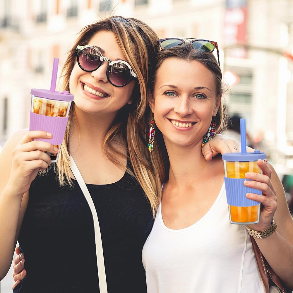 2 Pack Reusable Boba Cups, 17oz Iced Coffee With Straw and Lid, Leakproof Clear Plastic Tumbler, Double Wall Insulated Smoothie Cup, Pastel Violet and Cornflower Blue