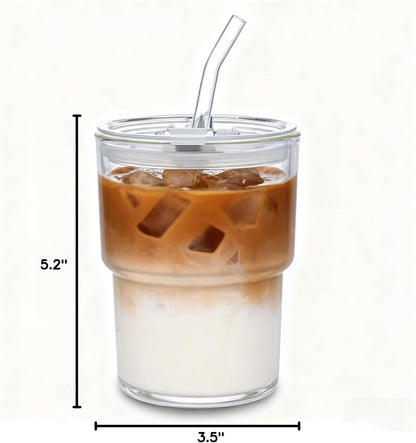 13oz Glass Tumbler with Straw and Lid Sealed, Carry On Reusable Iced Coffee Cups,Thick Wall Glass Coffee Drinking Glassware Cups
