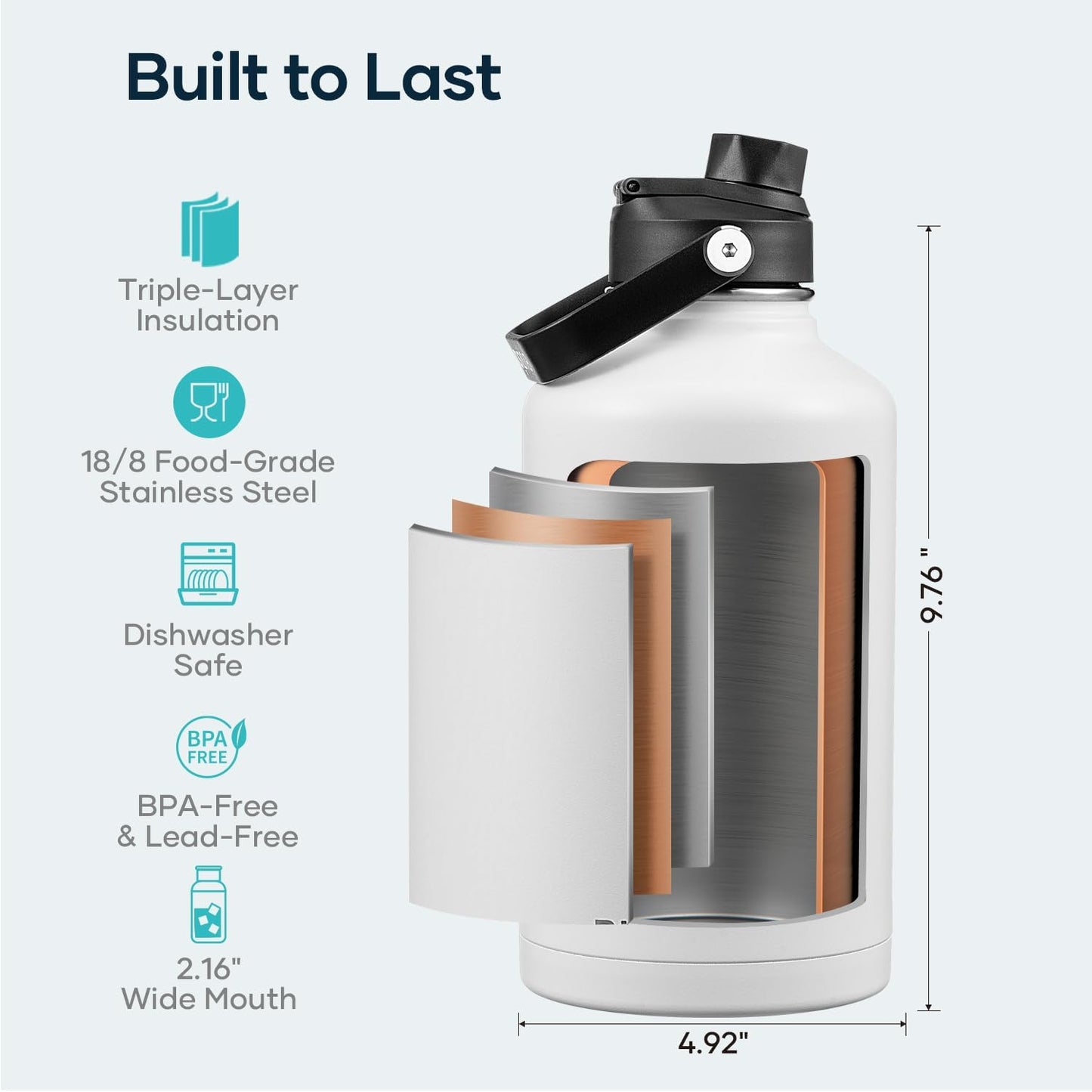 BUZIO 40oz Insulated Water Bottle, Triple Wall Vacuum Stainless Steel Water Flask with 2 lids, Lead-Free BPA-Free Straw Lid Sports Canteen Jug, Cold 48H & Hot 24H- Black - Colors A