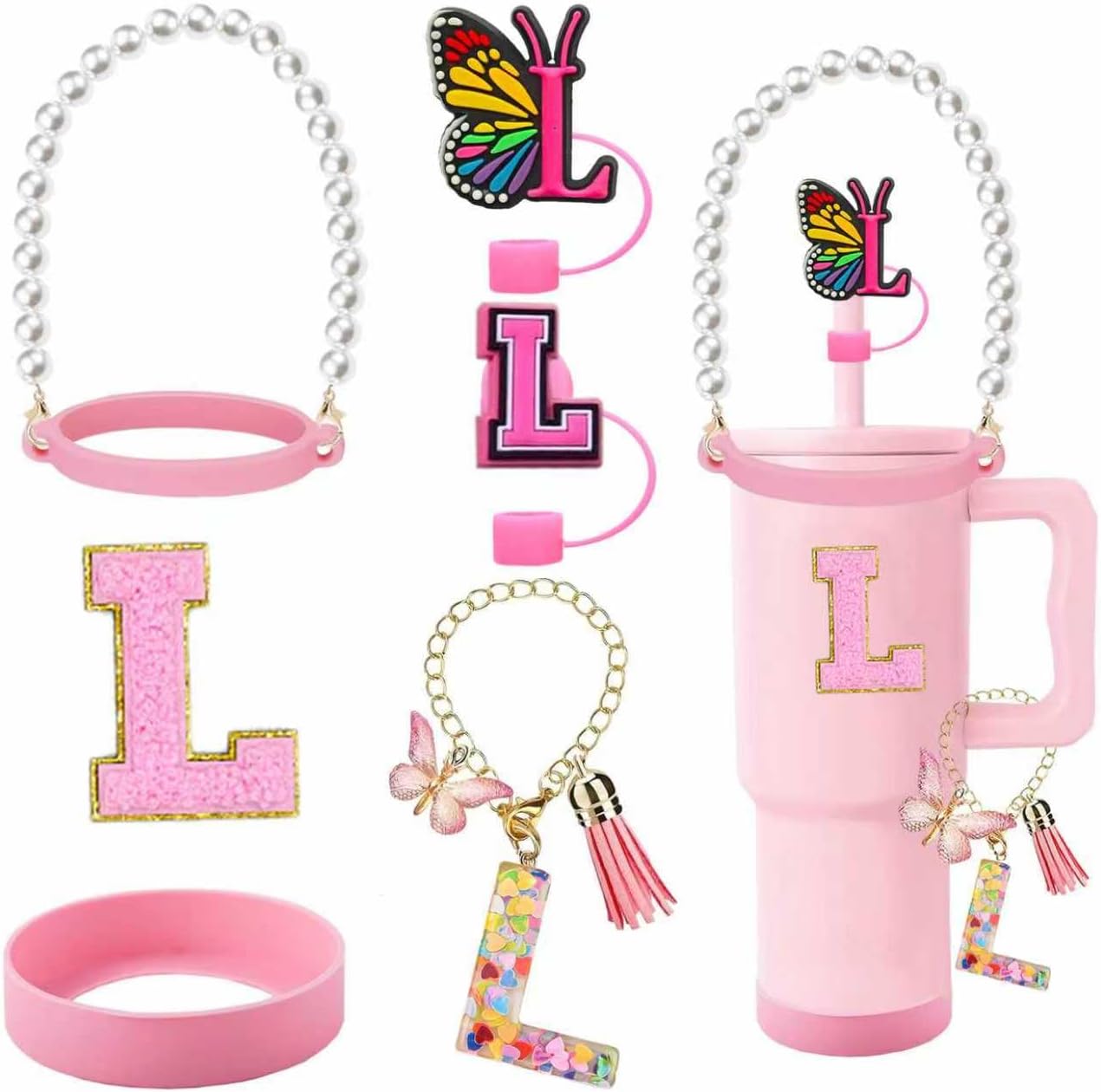 7pcs Cup Accessories for Stanley 30/40oz Tumbler, Handle Strap, Straw Cover, Silicone Boot, Letter Charm Stickers