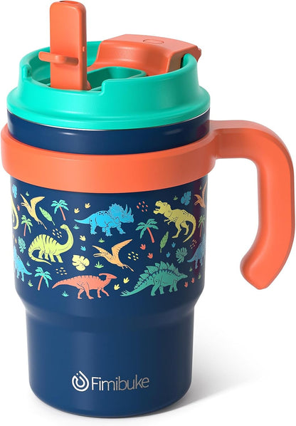 Fimibuke 16oz Kids Insulated Tumbler with Handle & Straws - 2 Pack BPA FREE 18/8 Stainless Steel Toddler Cups with Sip/Swig 2-in-1 Lids, Leak Proof Kid Drinking Cup Travel Mugs for Children Boys Girls