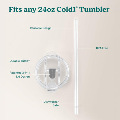 REDUCE brand Cold1 Tumblers or Mugs 20-24oz mouth Replacement Lid (3.5 inch diameter) and Straw (10.6 inch) set, Clear, BPA Free, Dishwasher safe, Durable, Reusable, Spill Proof Lid, Medium