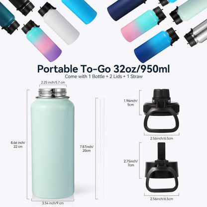 Neihepal 32 oz Insulated Water Bottle with 2 Lids (Straw & Spout Lid), 18/8 Stainless Steel Double Wall Water Bottles for Gym, Travel, Camping, Sports (Silver,1 Pack)