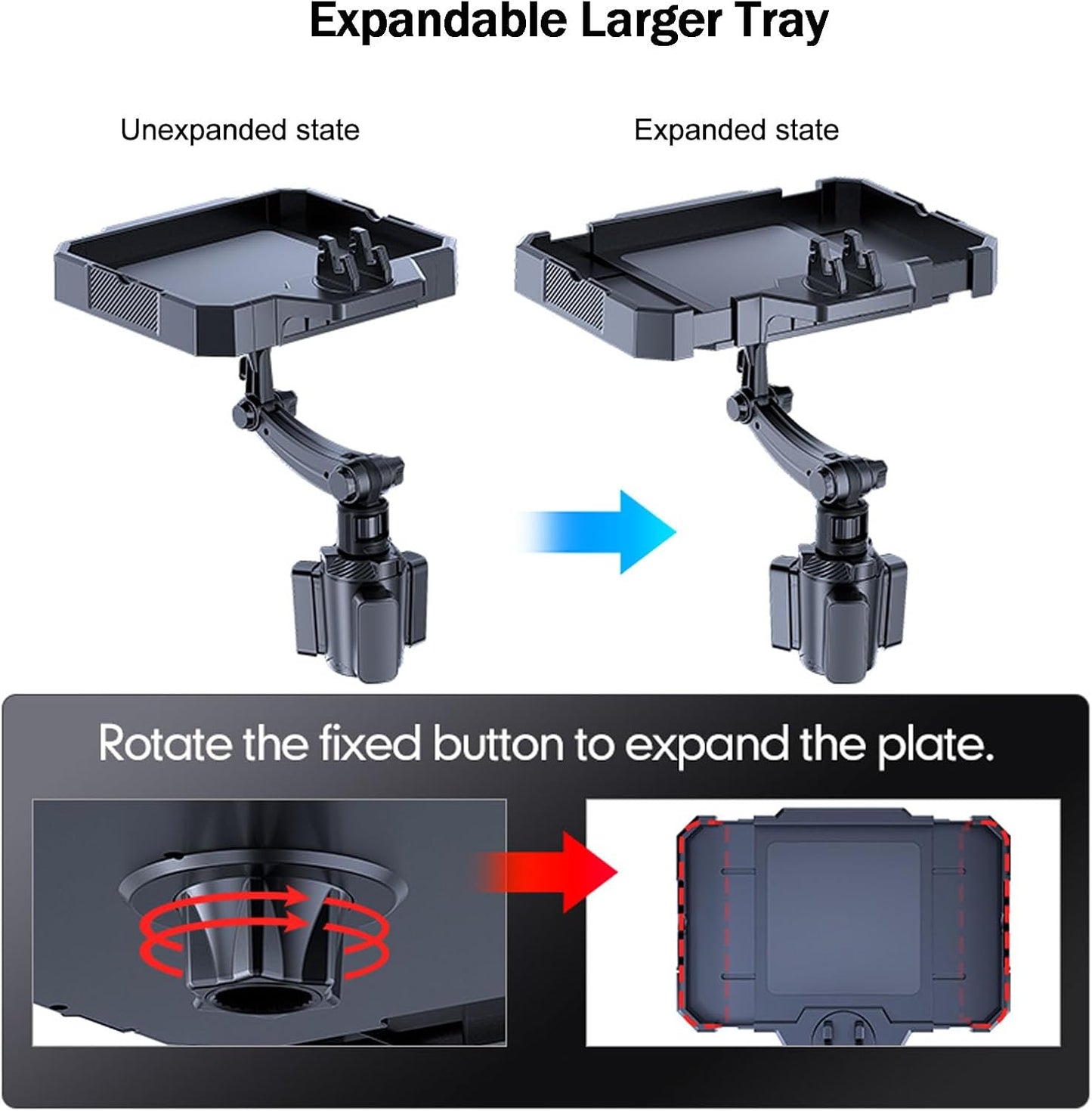 Car Cup Holder Tray, 5 in 1 Adjustable Car Cup Holder Expander Detachable Car Food Tray & Organizer – Automotive Cup Tray Table 9.8”with 360° Rotation with Phone Mount, Fit in 2.6"-3.9" Car Holder