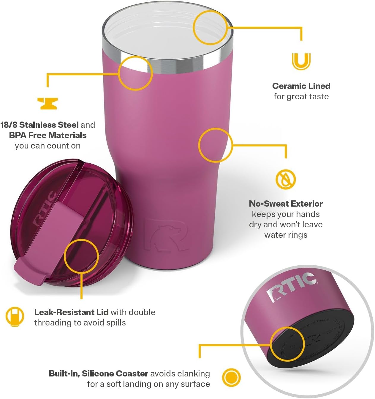 RTIC 20oz Essential Tumbler with Lid, Ceramic Lined, Insulated, Stainless Steel, Metal, Double Wall Vacuum-Insulation, Travel Cup for Iced Coffee, Tea, Hot and Cold Drink, Graphite