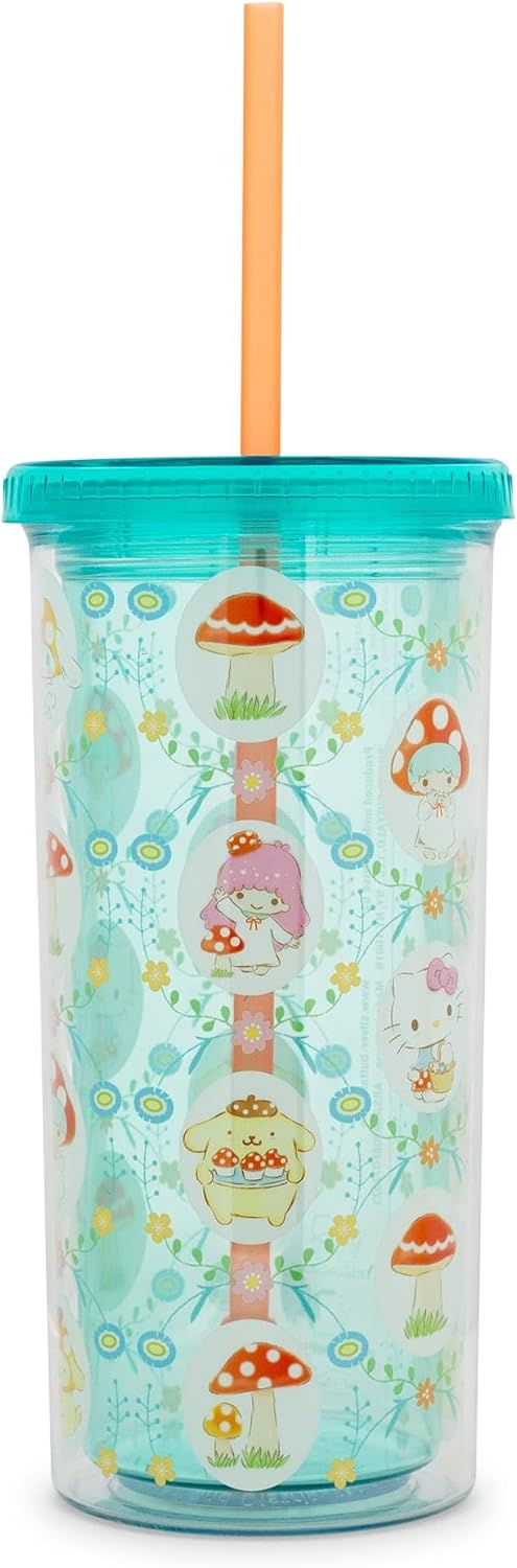 Silver Buffalo Sanrio Hello Kitty and Friends Plastic Boba Tumbler with Lid and Straw Featuring Hello Kitty, Cinnamorroll, Kuromi, My Melody, Badtz Maru, Keroppi, Chococat, and Pompompurin, 24 Ounces