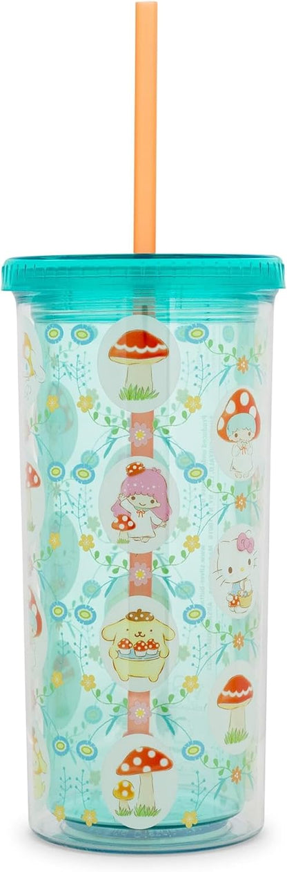 Silver Buffalo Sanrio Hello Kitty and Friends Plastic Boba Tumbler with Lid and Straw Featuring Hello Kitty, Cinnamorroll, Kuromi, My Melody, Badtz Maru, Keroppi, Chococat, and Pompompurin, 24 Ounces