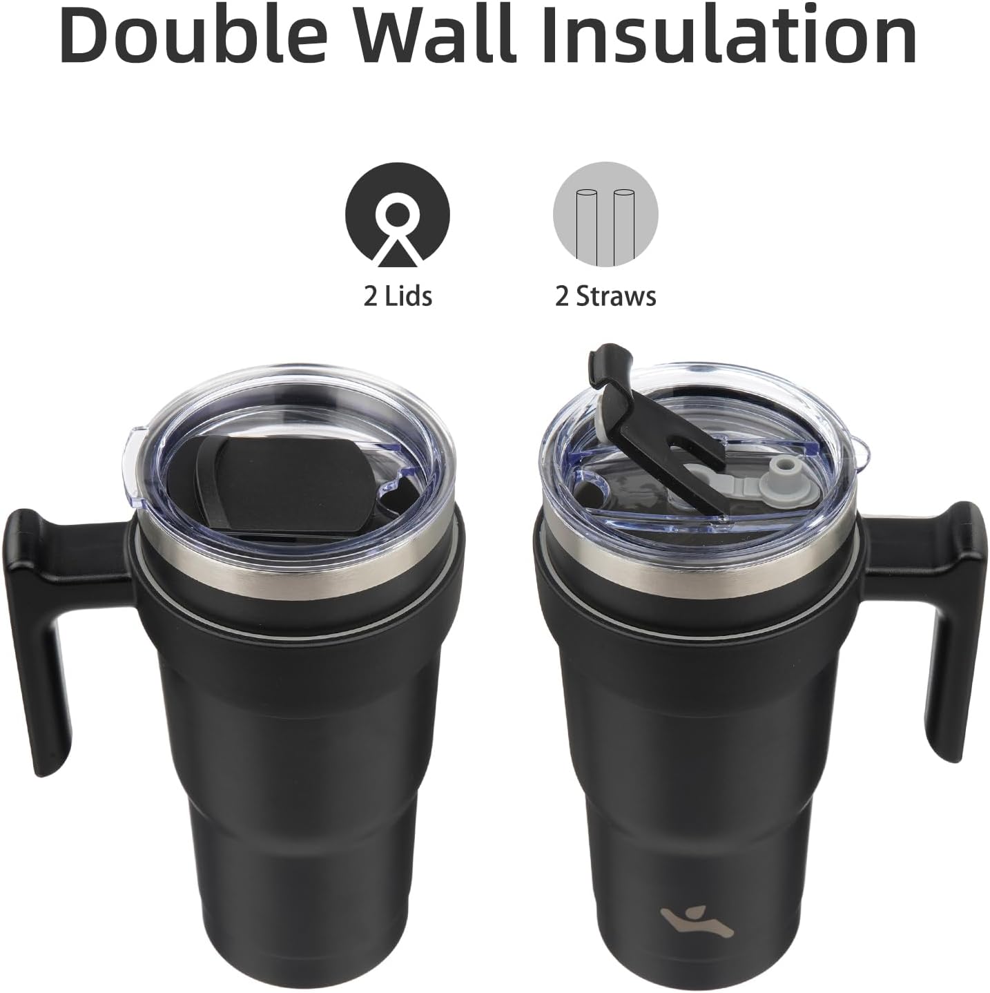 Konokyo 20 oz Tumbler with Handle and 2 Straw 2 Lid, Insulated Water Bottle Stainless Steel Vacuum Cup Reusable Travel Mug,Black