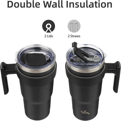 Konokyo 20 oz Tumbler with Handle and 2 Straw 2 Lid, Insulated Water Bottle Stainless Steel Vacuum Cup Reusable Travel Mug,Black
