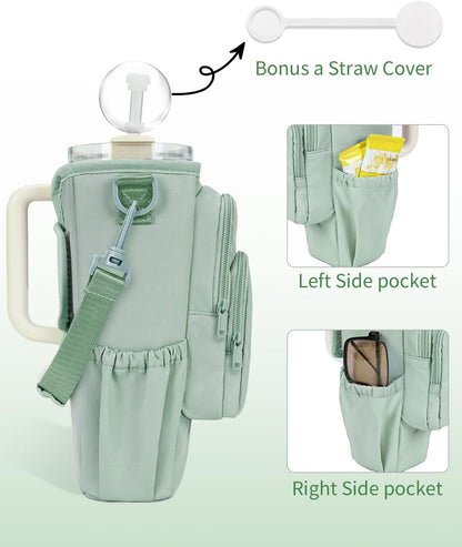 sportsnew Water Bottle Carrier Bag with Phone Pocket for 30oz 40oz Tumbler with Handle Accessories Insulated Water Bottle Holder Pouch with Strap Crossbody with Straw Cover