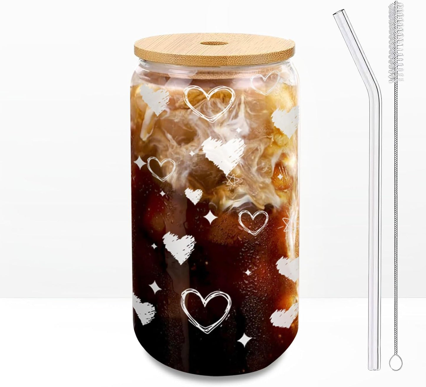 Glass Cups with Lids and Straws 1Pack,Glass Coffee Cups,Glass Cup with Lid for Iced Coffee,Smoothie,Cocktail,Beer,Whiskey,Soda,Matcha,16 Oz Glass Cup with Bamboo Lid,1 Brush