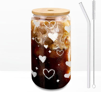 Glass Cups with Lids and Straws 1Pack,Glass Coffee Cups,Glass Cup with Lid for Iced Coffee,Smoothie,Cocktail,Beer,Whiskey,Soda,Matcha,16 Oz Glass Cup with Bamboo Lid,1 Brush