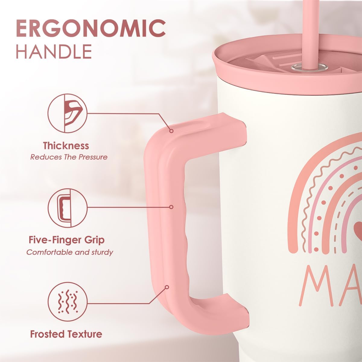 Floral Tumbler with Handle 40oz, Stainless Steel Insulated Tumblers Coffee Travel Mug Cup with Straw, Flower Coffee Cup Gifts for Women Girls, Gift for Her on Christmas Birthday Mothers Day