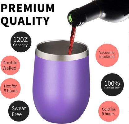 12oz/4 Pack Wine Tumbler Glasses with Lid Stemless Double Wall Vacuum Stainless Steel Travel Tumbler Keeping Cold & Hot for Wine,Coffee,Cocktails,Drinks-Family and Gifts (Multi color-dark)