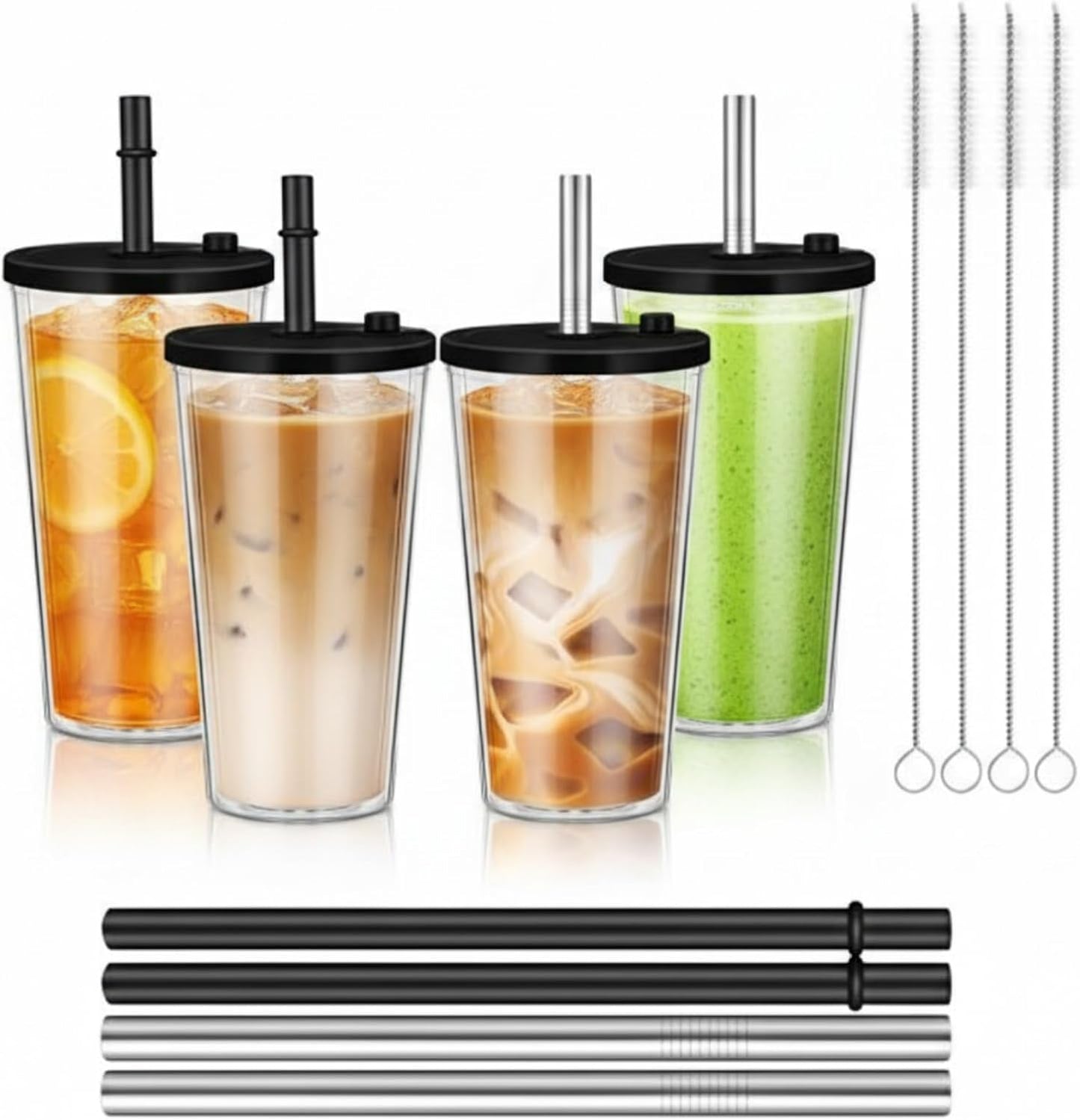 Honeydak 4 Pack 24 oz Reusable Iced Coffee Cups with Lids and Straws Leakproof Double Wall Insulated Clear Plastic Iced Coffee Tumblers with Straw Brushes