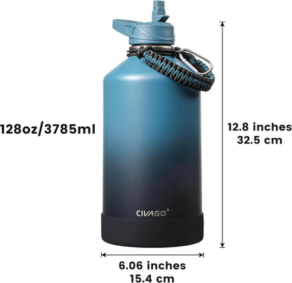 CIVAGO 32 oz Insulated Water Bottle With Straw, Stainless Steel Sports Water Cup Flask with 3 Lids (Straw, Spout and Handle Lid), Wide Mouth Travel Thermal Mug, Black