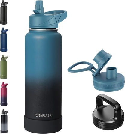 RUBYFLASK 32oz Insulated Water Bottle with Straw, Stainless Steel Metal Vacuum Water Flask, Large Thermal Water bottle with Leakproof 3 Lids for Travel, Camping, Gym Sports Indigo Black