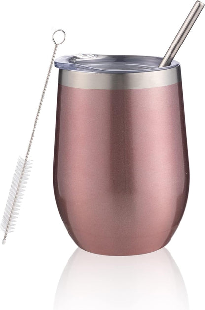 12 oz Insulated Wine Tumbler with Lid and Straw,Stainless Steel Stemless Wine Tumbler Glasses Double Wall Vacuum Wine Cups Tumbler for Coffee,Champaign,Cocktail,Office（Silver,1）