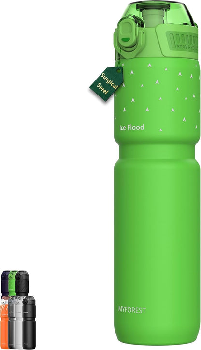 MYFOREST 24oz/700ml Insulated Bike Water Bottle, Odor-Free Surgical Steel Liner, Stronger Grip for Rough Trails, Quick-Open Chug/Straw 2-in-1, Dirt Cap (Glossy Steel)