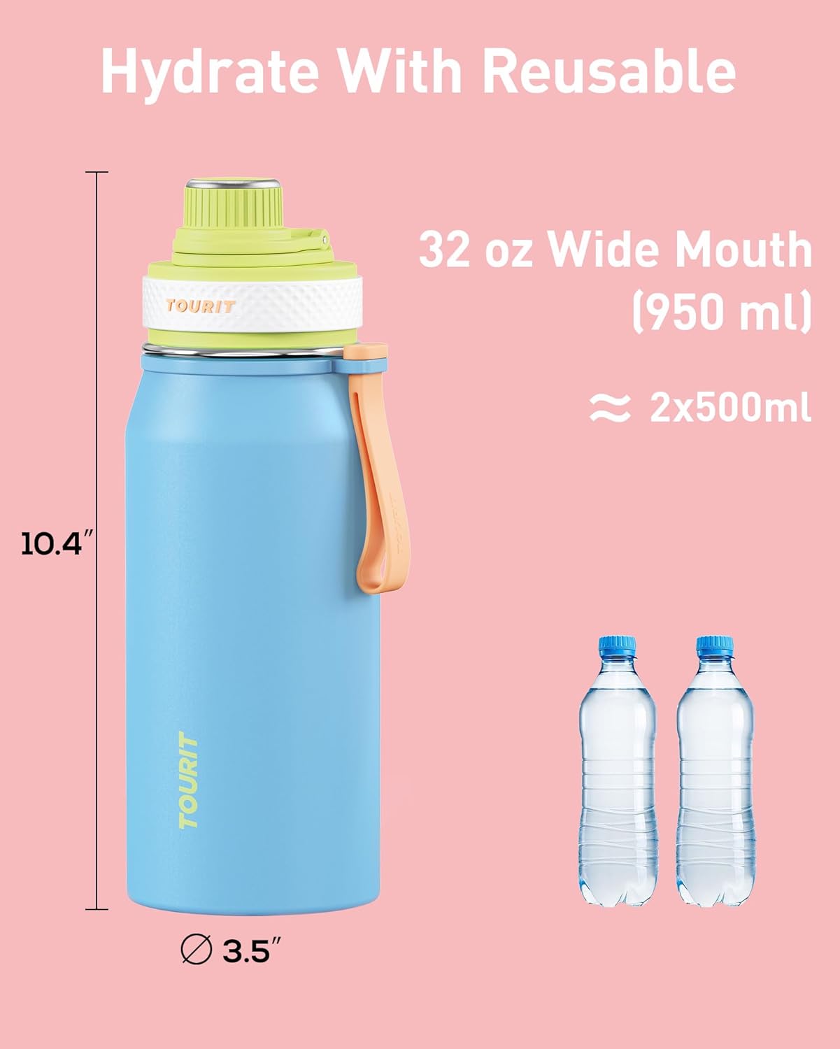 TOURIT 32oz Stainless Steel Wide Mouth Water Bottle, Double-Wall Vacuum Insulation with Spout Lid for Sports and Travel, Black