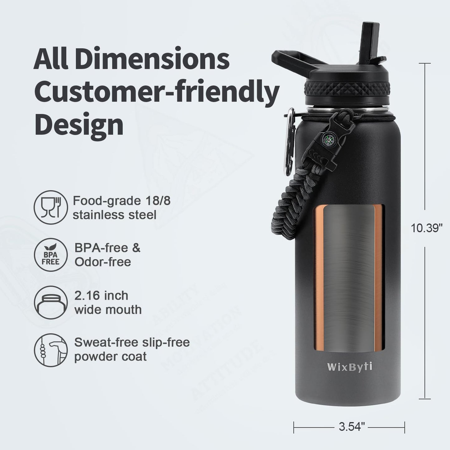 WixByti 40 oz Insulated Water Bottle with Straw (Cold for 36 Hrs), Stainless Steel Triple Wall Vacuum Sports Water Jug, Leakproof Hydro Cup Flask with Paracord Handle & Straw Spout Lids & DIY Stickers