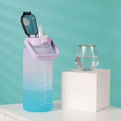 Large Motivational Water Bottle with Straw Time Marker BPA Free for Sport and Fitness (Pink Blue, 64 Oz / Half Gallon)