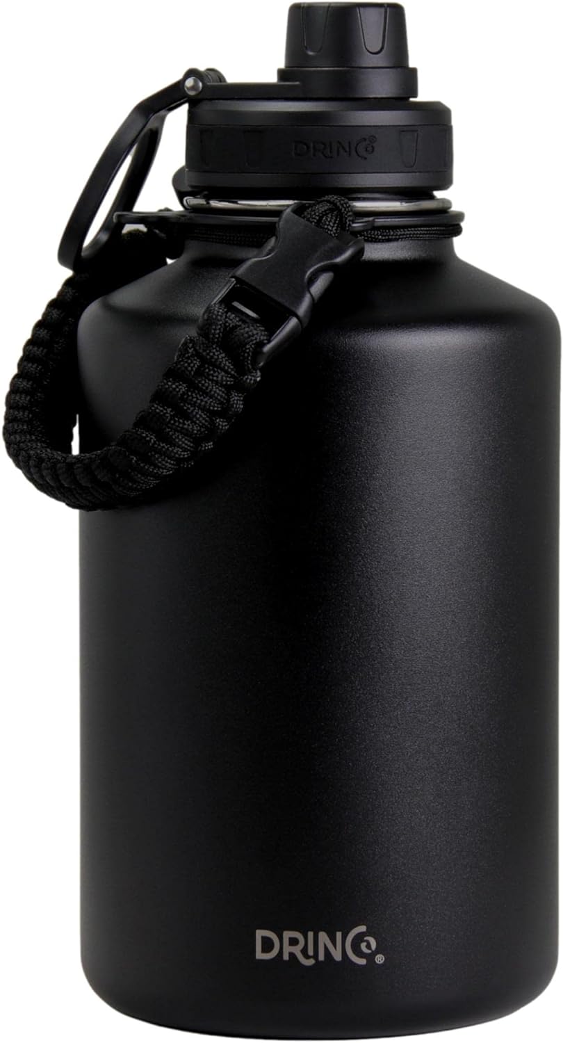 Drinco Stainless Steel Water Bottle Spout Lid Vacuum Insulated Double Wall Water Bottle Wide Mouth (40oz 32oz 22oz 18oz 14oz) Leak Proof Keep Cold Sport Camping Hiking (22 oz, 22oz Black)