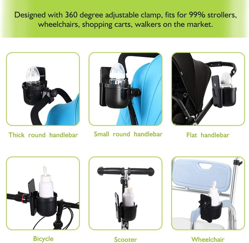 Accmor Stroller Cup Holder with Phone Holder, Bike Cup Holder, Universal Cup Holder for Uppababy Nuna Doona Strollers, 2-in-1 Cup Holder for Walker, Wheelchair, Scooter - Colors A