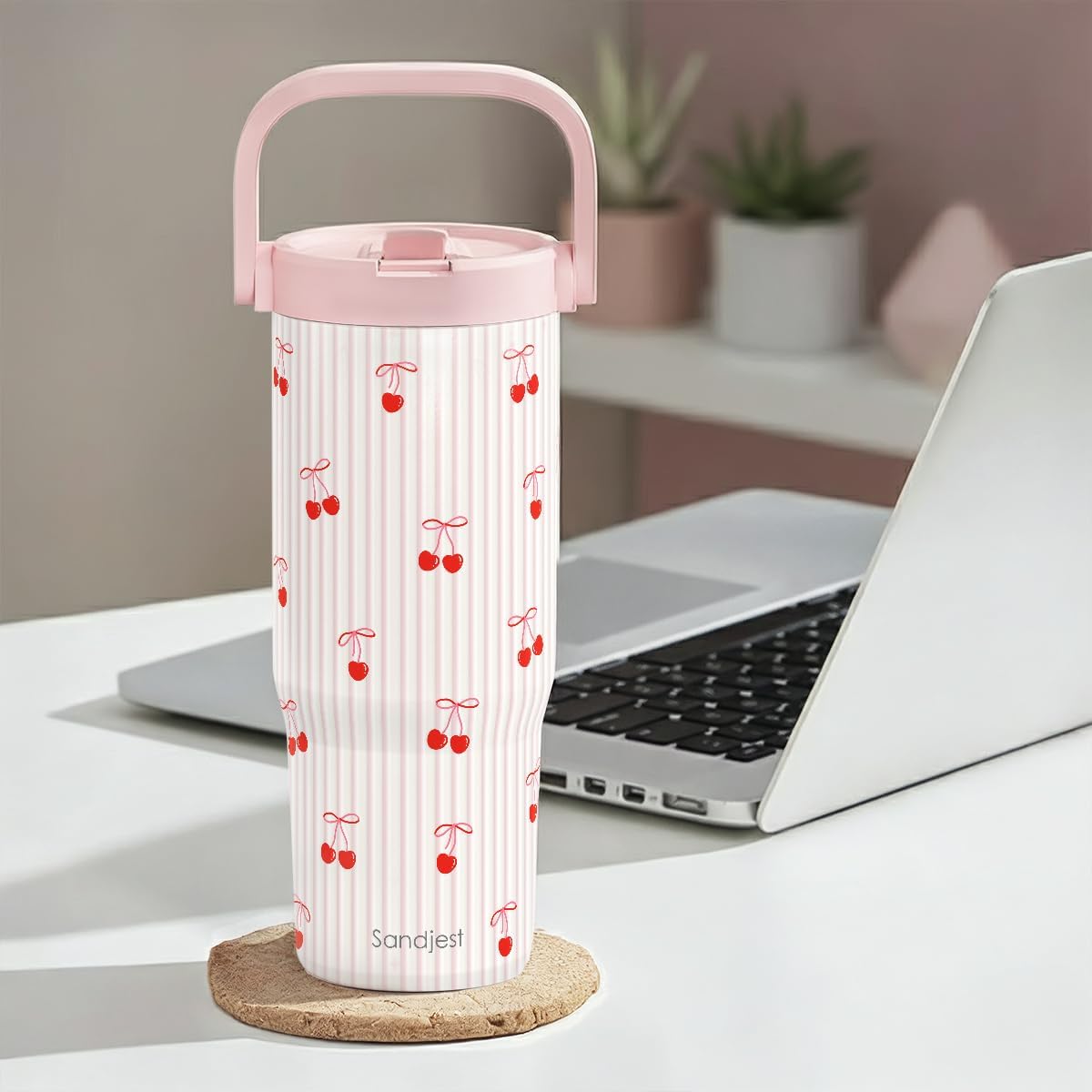 SANDJEST Leopard Skin Stainless Steel Straw Lid Tumbler 30oz with Carry Handle for Women Girls, Insulated Travel Coffee Cup, Gift for Sports Outdoor Workout Christmas Birthday (Beige)