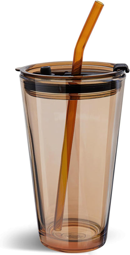 Olvini 15oz Glass Tumbler with Straw and Lid, Cute Iced Coffee Cups, Aesthetic Glass Cups, Coffee Tumbler, Water Cup, Matcha Cup, Drinking Glasses (Clear)