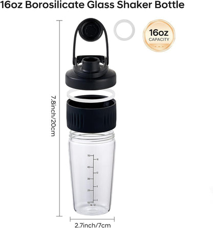 16oz Glass Shaker Bottle for Protein, Small Borosilicate Glass Protein Powder Leak-Proof Shaker Cup Mixes with 304 Blending Ball(16oz,Black)