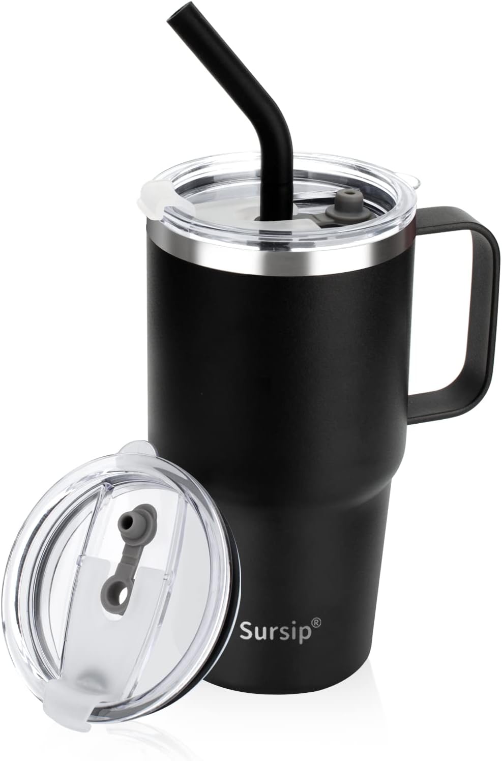 Sursip Insulated Coffee Mug with Handle and Lid, 24 oz Double Wall Vacuum Travel Thermal Coffee Tumbler with Straw for Home, Office Stainless Steel Coffee Cup - Leak proof, BPA Free (Black-1 Pack)