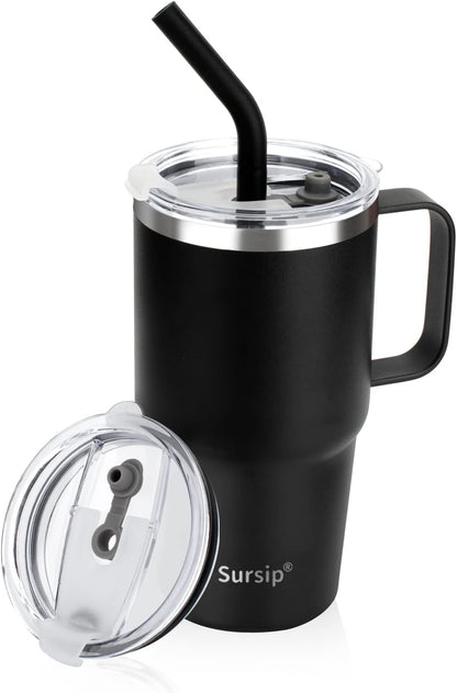 Sursip Insulated Coffee Mug with Handle and Lid, 24 oz Double Wall Vacuum Travel Thermal Coffee Tumbler with Straw for Home, Office Stainless Steel Coffee Cup - Leak proof, BPA Free (Black-1 Pack)